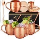 Gift Set Moscow Mule Mugs Set Of 4 16 oz Solid Cooper, 100% Pure Copper Cups HANDCRAFTED, BONUS 4 Straws, 4 Wood Coasters, Stirring Spoon, Shot Glass and Cleaning brush (Oval)