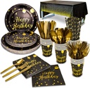 201 Pieces Gold Disposable Party Dinnerware Set &Golden Dot Birthday Black Paper Plates Napkins Cups, Gold Plastic Forks Knives Spoons (25 Guests)