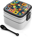 All-in-One Bento Box Stackable Leak-Proof Lunch Box With Carry Handle 2 Layer Portable Meal Prep Container Colorful Style Painting Lunchbox with Utensils for Dining Out Work, Black