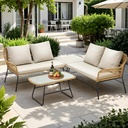 ONBRILL 4-Piece Outdoor Sectional Set, 4-Seats Wicker Patio Couch Sets with Cushion and Tempered Glass Coffee Table, L-Shaped, Olefin Fabric, Waterproof & UV Resistant, Beige