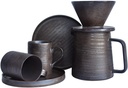 Handmade Stoneware Pour Over Drip Coffee Maker & Cups Set, Coffee Brewer Dripper Cone Filter, Coffee Decanter & Espresso Cups & Saucers Gift Set, Annular Veins Retro Metallic Glazed,16oz