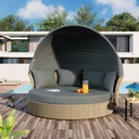 Merax Outdoor Patio Daybed Wicker Rattan Double Daybed Round Sofa, Furniture Set with Retractable Canopy, 4 Pillows for Lawn Garden Backyard Porch Pool, Grey