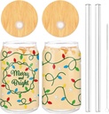 Whaline 2 Pack Christmas Iced Coffee Cup Colorful Light Bulb Drinking Glasses Merry and Bright Beer Can Glass with Lid Straw Cleaning Brush for Xmas Home Office Gifts,16oz