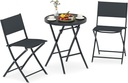 Tangkula 3 Piece Folding Bistro Set, Patio Dining Furniture with Breathable Fabric Seat & Tempered Glass Tabletop, Outdoor Metal Frame Table & Chairs Set for Backyard, Garden, Balcony