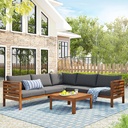 Merax Outdoor L Shaped Sofa with Coffee Table & Armrest & Beige Cushions, Strong Wood Structure Exotic Patio Furniture Set Water-Resistant, for Garden Balcony Poolside (Gray)