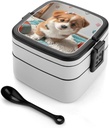 Double Layer Bento Box for Adults Kawaii Puppy Print Stackable Bento Box Removable Lunch Boxes for Dining Out,Work