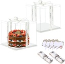 Clear Cake Box, 2 Pcs Transparent Cake Carrier Box with Lids, 4'' PET Packaging Boxes with Ribbon Gift Card for Pastries, Clear Gift Boxes for Birthday, Wedding and Festival Party, White.