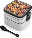Vintage Groovy Flowers Pattern Lunch Box with Handle Stackable 2 Layer Leak-Proof Bento Box Portable Food Containers for Unisex