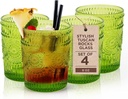 IMPULSE! Tuscan Rocks Glass Set - Olive, Dishwasher Safe, Chic Vintage Style - 8 oz - Ideal for Gin, Mixed Cocktails, Bourbon, Margaritas, Soft Drinks, Beer, Water - Mexican Style Glasses - Set of 4