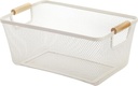Metal Mesh Steel Basket, Large Wire Storage Organizer Basket Multi-function Hanging Kitchen Baskets with Wood Handle for Kitchen Bathroom Picnic Home, Rectangle-Off White