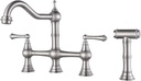 WOWOW 8 inch Centerset Bridge Kitchen Faucet with Brass Side Sprayer 2 Handles 4 Holes Antique Classic Heritage Deck-Mount Kitchen Sink Faucet, Brushed Nickel