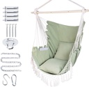 Hammock Chair Hanging Rope Swing Chair,Max 450 Lbs, Large Hanging Chair with Pocket, 2 Cushions, Steel Bar with Anti-Slip Rings, Hardware Kit Included, Comfortable for Indoor Outdoor (Green)