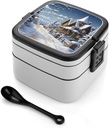 Adult Double-Layer Bento Box Portable Christmas Winter Happy Scene Lunchbox 1 L Capacity Leak-Proof Bento Box Microwave-Safe Food Container with Spoon And Hidden Handle
