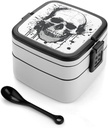 HJUL Simple Skull Graphic Bento Box Double Layer Lunch Box Leakproof One-piece Stackable Lunchbox for Adults with Spoon And Handle Bento Boxes for Work Picnics And Travel