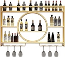 Wall Mounted Wine Rack with Wine Glass Holder,Metal Floating Bar Liquor Shelves 3 Tier,Wall Bar Shelf Wine Display Storage Holder for Kitchen Dining Room Bar Wine Cellar,Black/Gold