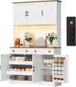 ELYKEN 71" Pantry Cabinet with Charging Station & LED Lights, Tall Kitchen Pantry with Hutch, Microwave Stand, Farmhouse Pantry with Door Shelf & Drawer & Adjustable Shelf for Dining Room, White