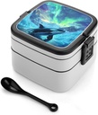 Killer Whale Aurora Snow Mountain Portable Bento Box with Handle 2 Compartment Leak-Proof Stackable Lunch Box for Work Picnic Camping