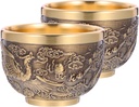 2pcs Yellow Copper Dragon Phoenix Tea Cup Metal Cup Vintage Teaware Embossed Pattern