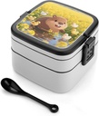 Cute Capybara Bento Box - Double Layer, Leakproof Food Containers with Partition & Spoon, Stackable Lunch Box for Office, Travel, Camping