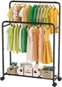 Simple Trending Clothing Clothes Rack Double Rods with Wheels, Rolling Metal Garment Rack for Hanging, Black