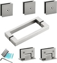 Shower Door Hardware Kit for Frameless Inline Hinged Doors, Includes Hinges, Square Pull Handles and Clamps, for 5/16"–3/8" Glass, Suitable for Bathtub or Standing Shower Setup, Brushed Nickel
